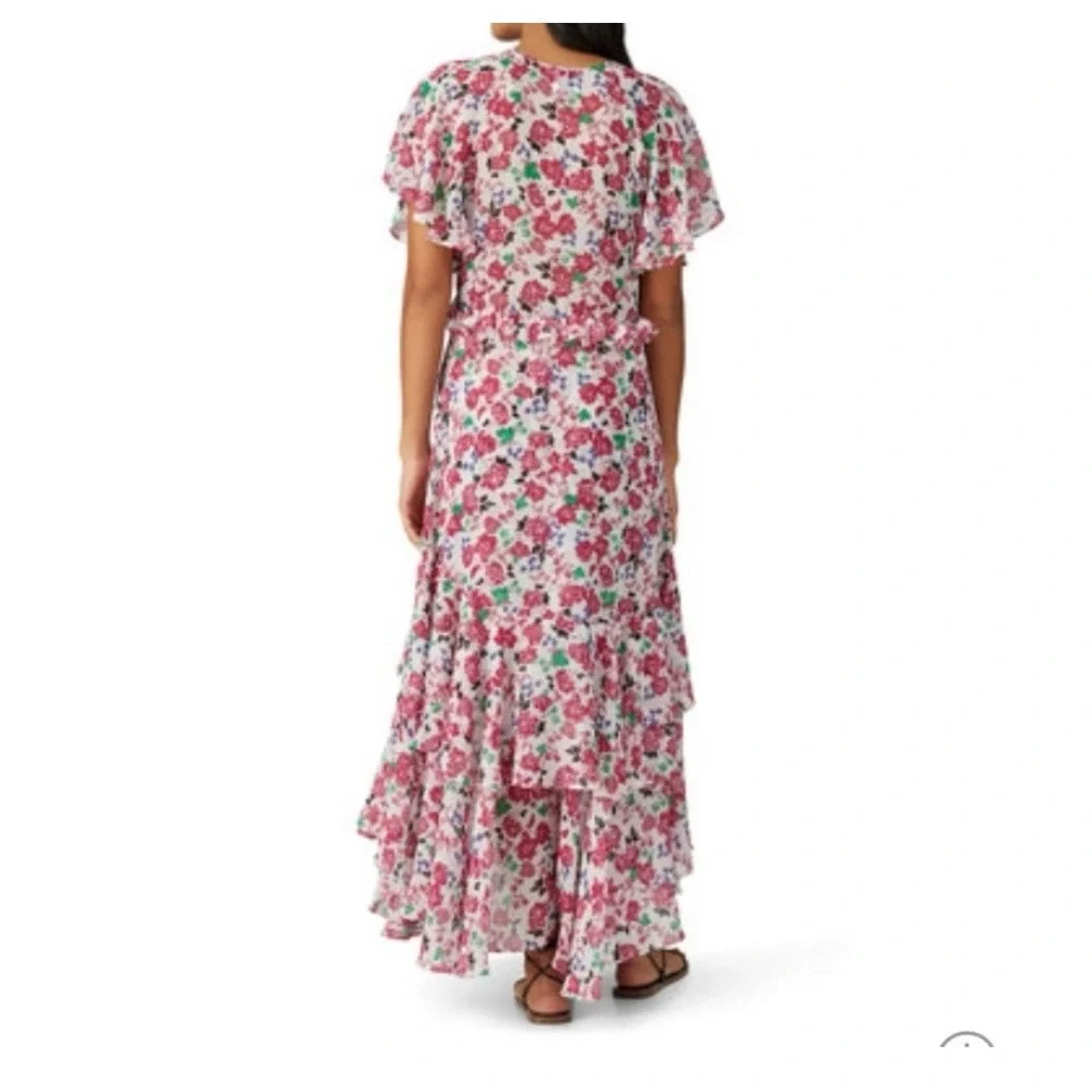 MISA Los Angeles Floral Chiffon Maxi Dress Sz S White Pink Ruffle‎ Tiered - Picture 2 of 11